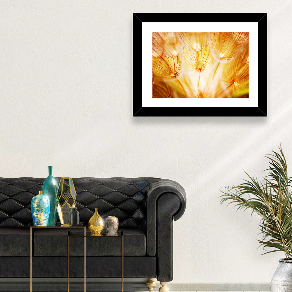 Golden Hour Dandelion Seed Macro Abstract Wall Art in a room, landscape