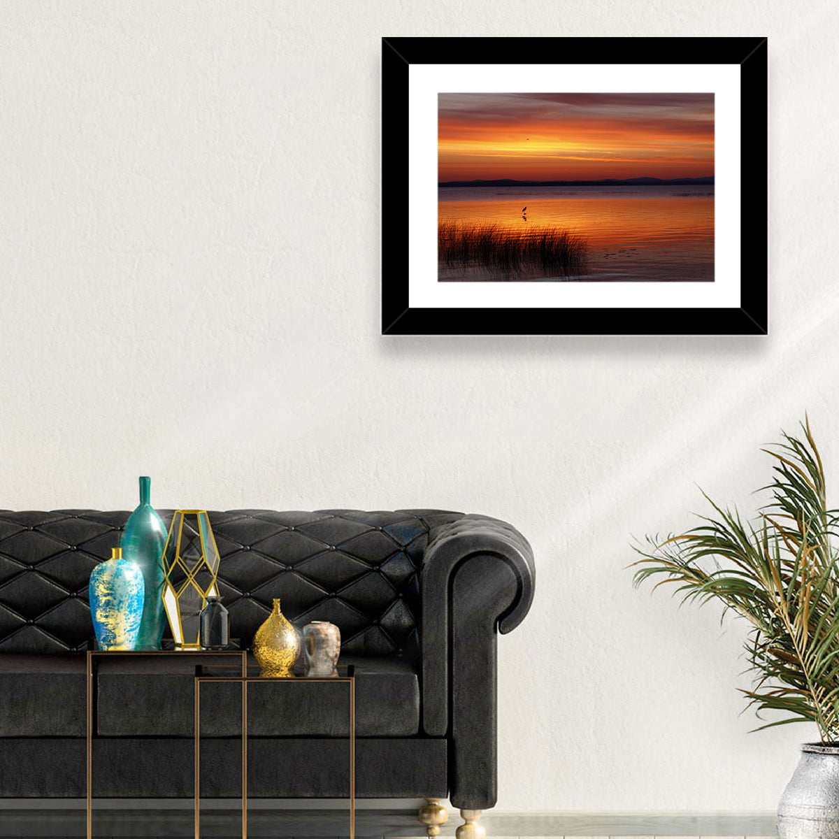 Lake Champlain Sunrise with Heron Wall Art in a room, landscape