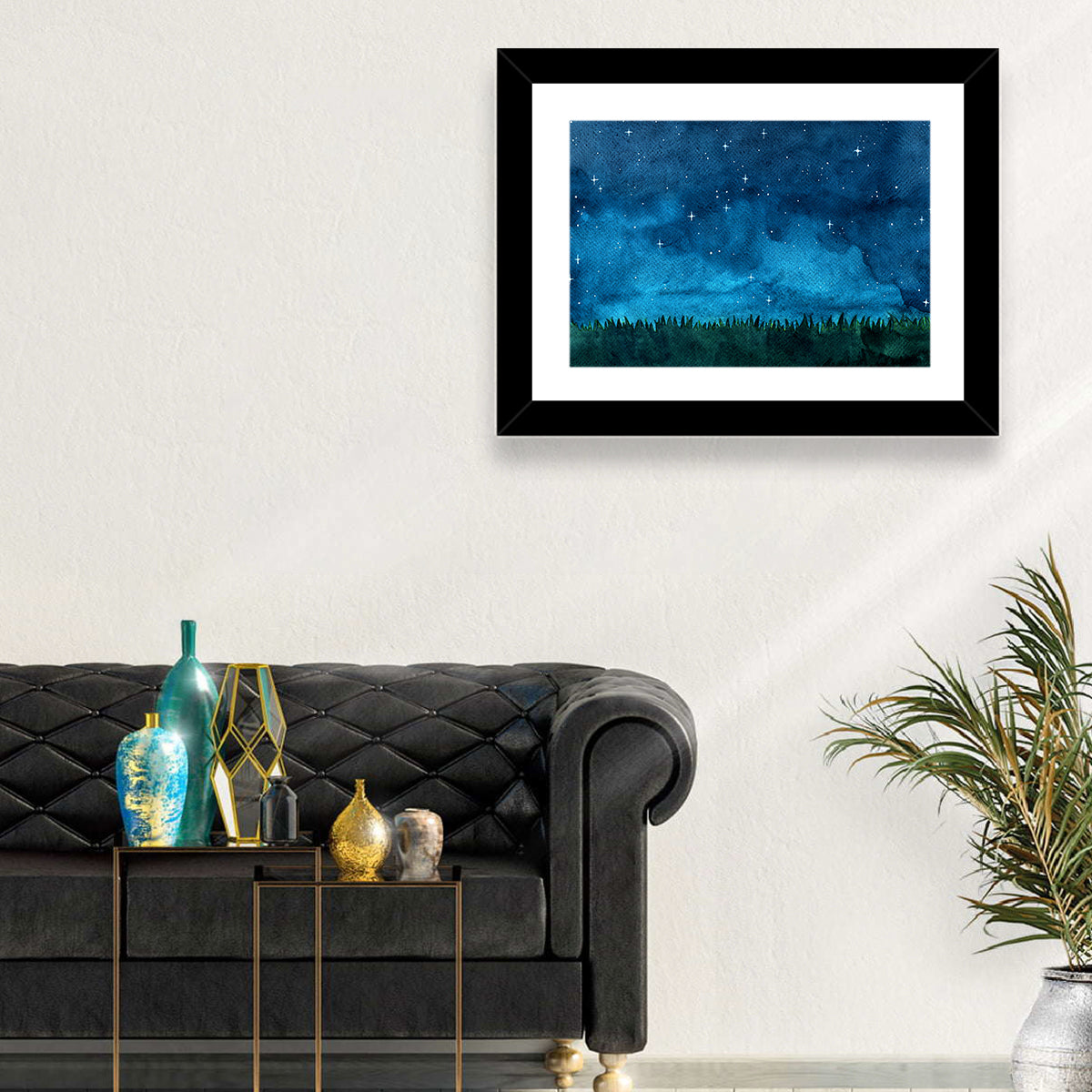 Starry Meadow Nightscape Wall Art in a room, landscape