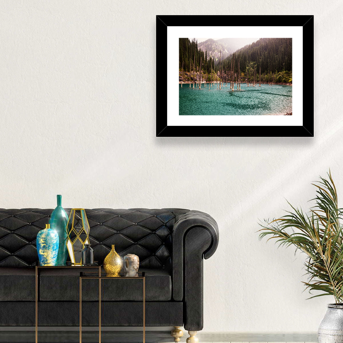 Kaindy Lake Submerged Spruces Wall Art in a room, landscape