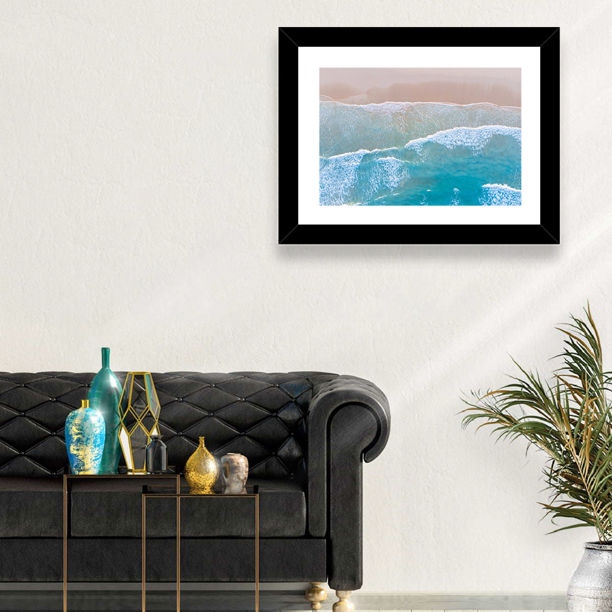 Turquoise Shoreline Aerial View Wall Art in a room, landscape
