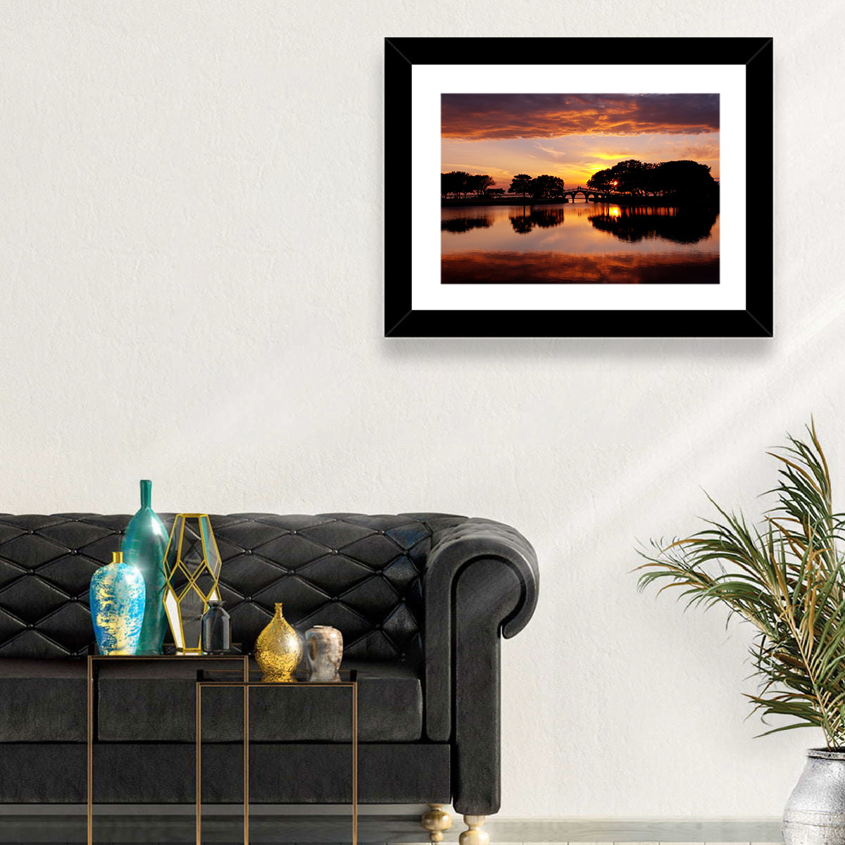 Tranquility Bridge at Sunset Wall Art in a room, landscape