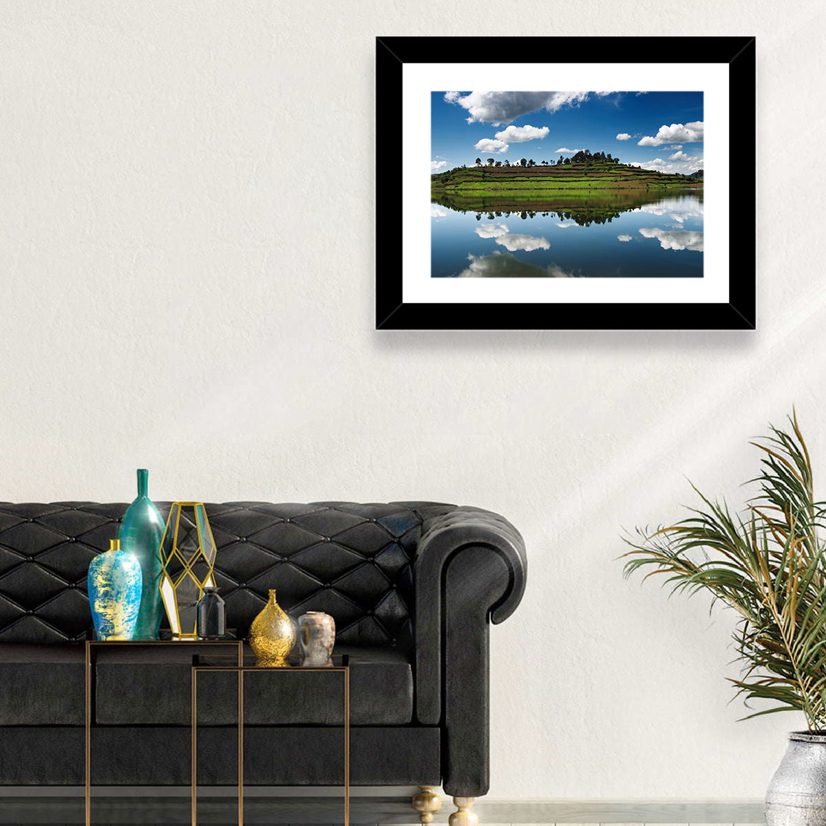 Bunyonyi Lake Reflection Wall Art in a room, landscape
