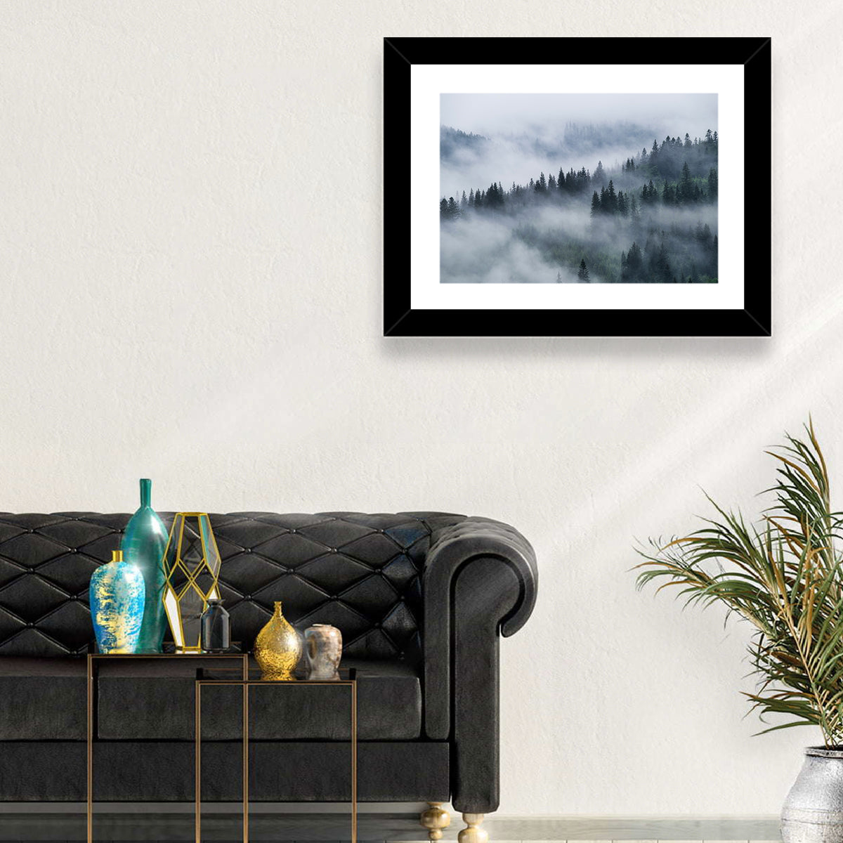 Misty Mountain Pine Forest Wall Art in a room, landscape