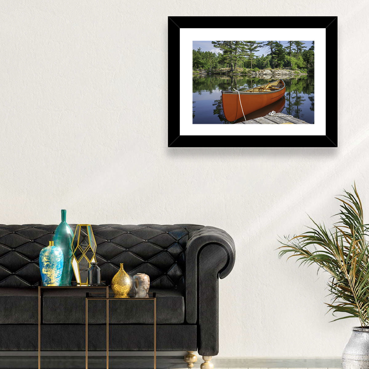 Orange Canoe on Ontario Lake Wall Art in a room, landscape