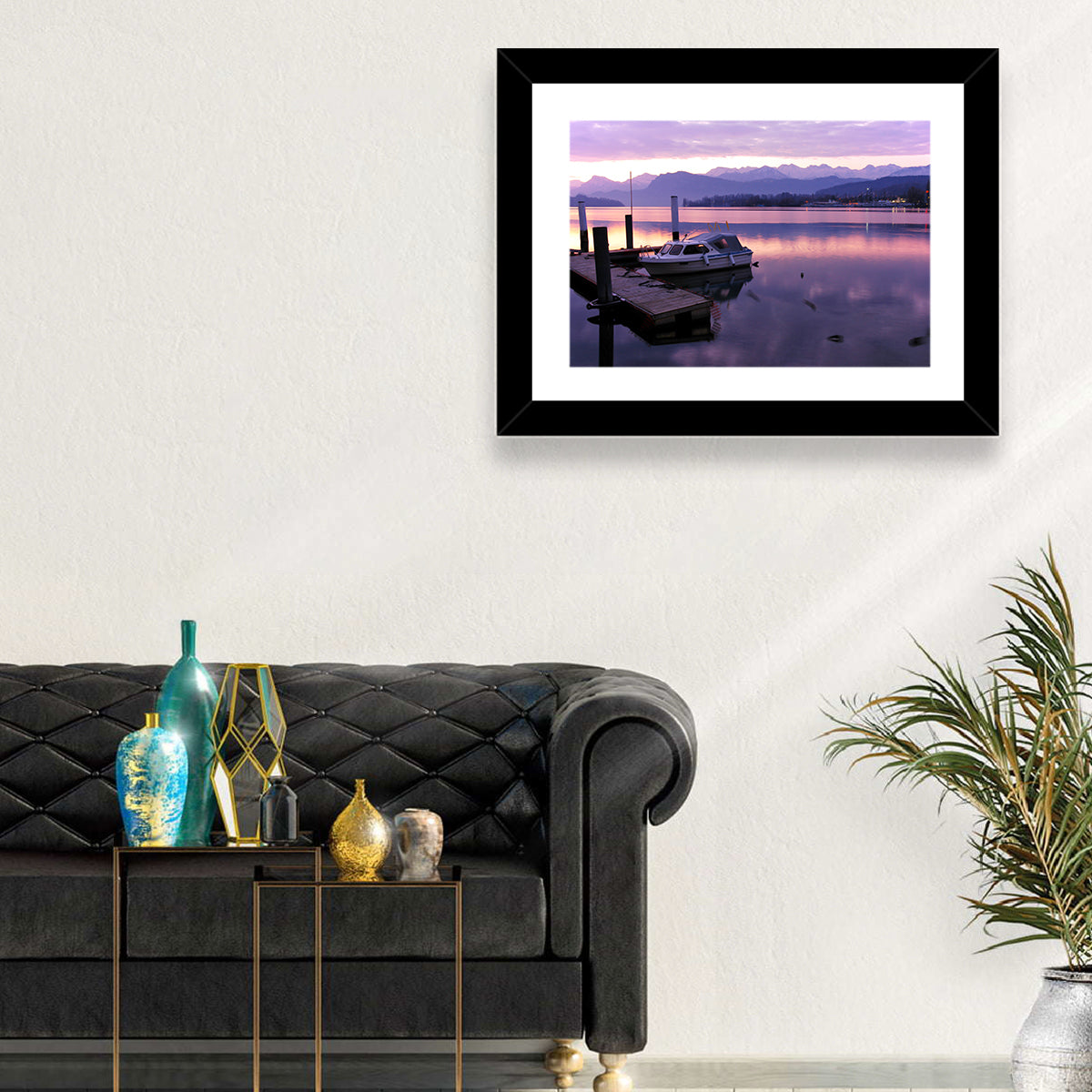 Lake Lucerne Pier at Dusk Wall Art in a room, landscape