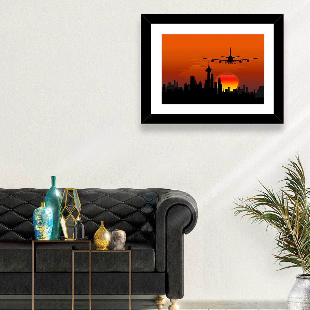 Approaching Jet Over Sunset Skyline Wall Art in a room, landscape