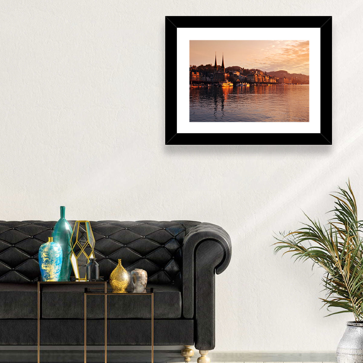 Lucerne Lake Sunset Skyline Wall Art in a room, landscape