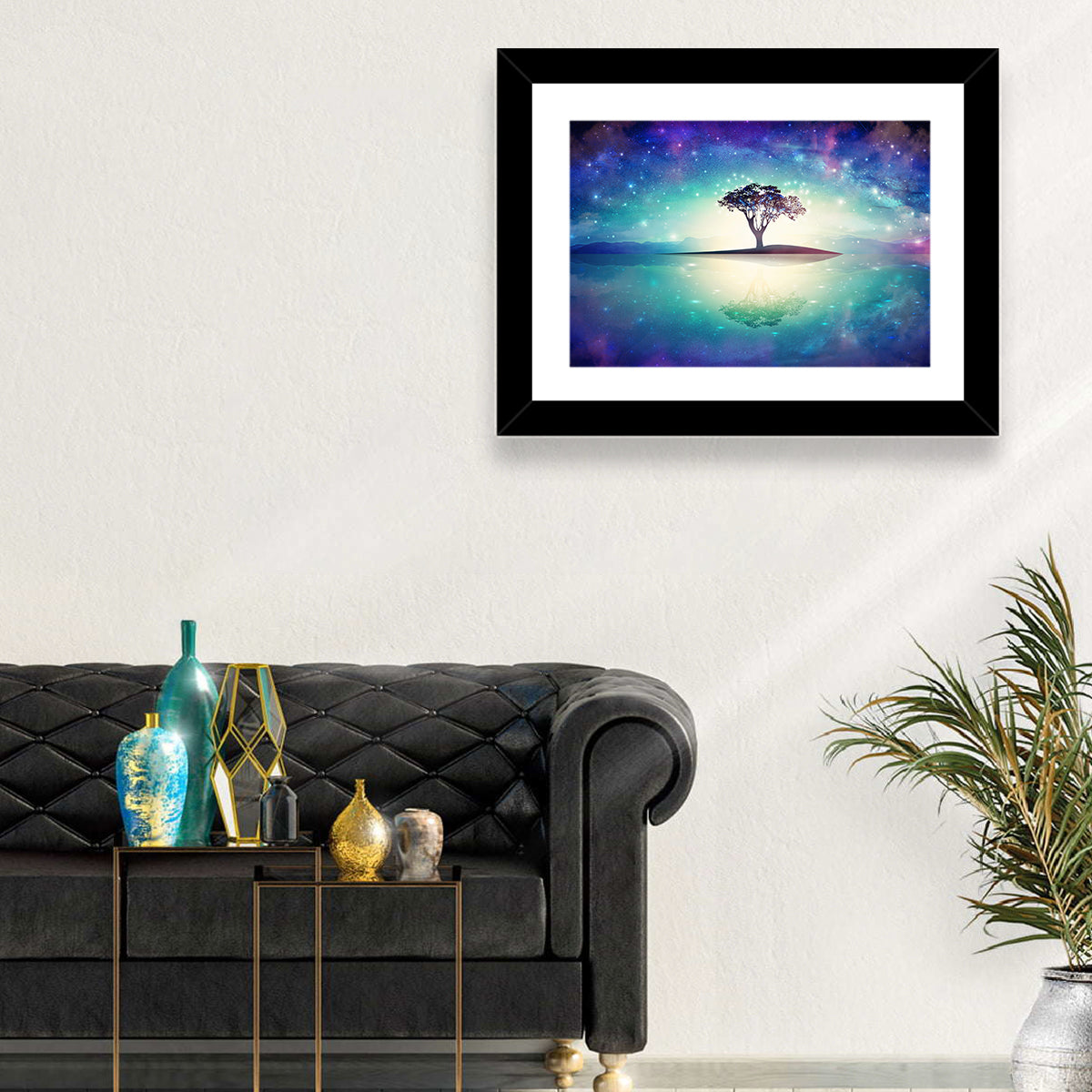 Glowing Island Tree Under Starry Nebula Wall Art in a room, landscape