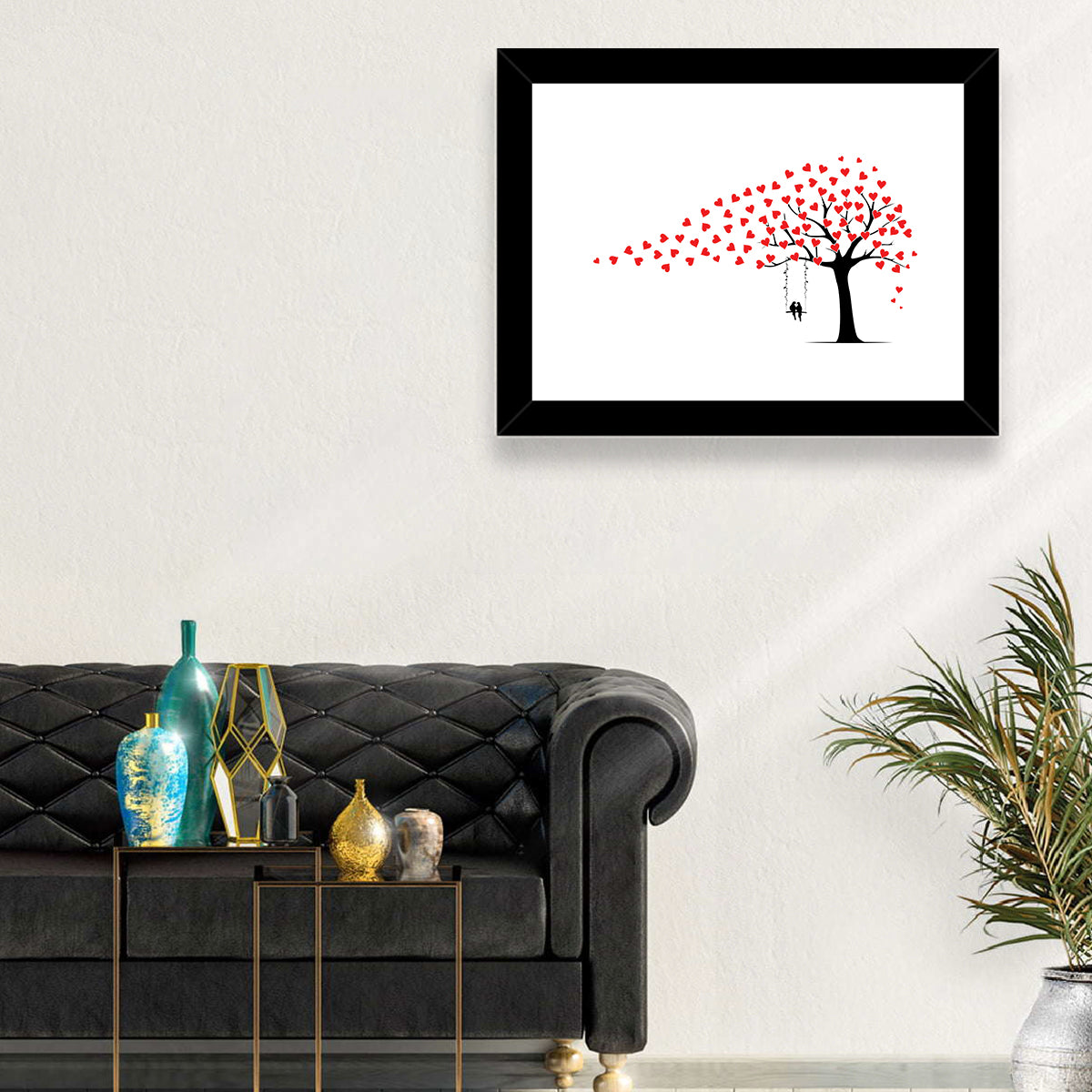 Heart Leaf Tree Silhouette Wall Art in a room, landscape