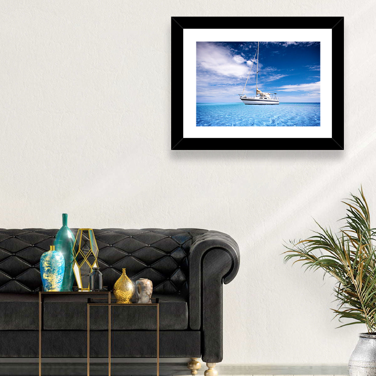 Furled Sails Over Turquoise Water Wall Art in a room, landscape