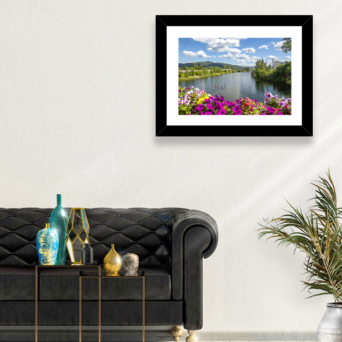 Sand Creek River with Petunias Wall Art in a room, landscape
