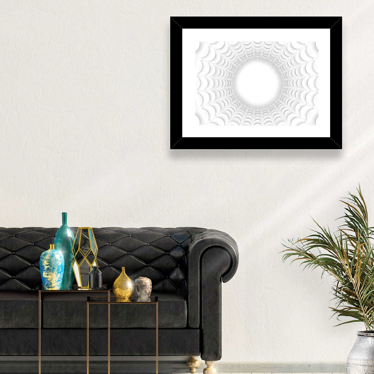 White Bubble Sphere Tunnel Wall Art in a room, landscape