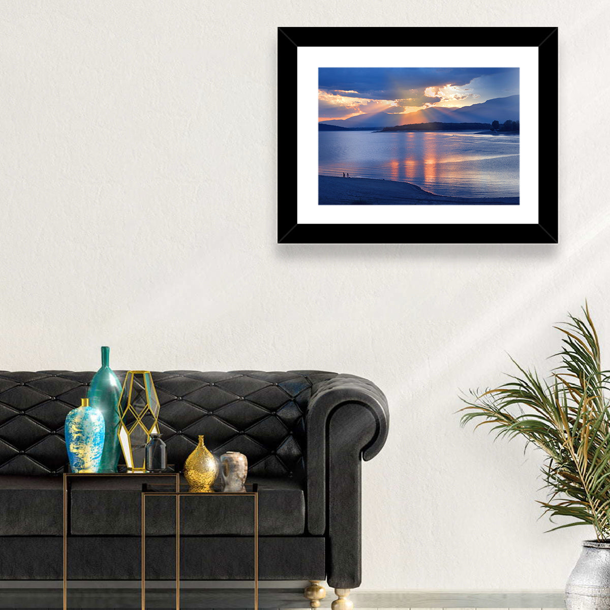 Lake Sunset with Silhouettes Wall Art in a room, landscape