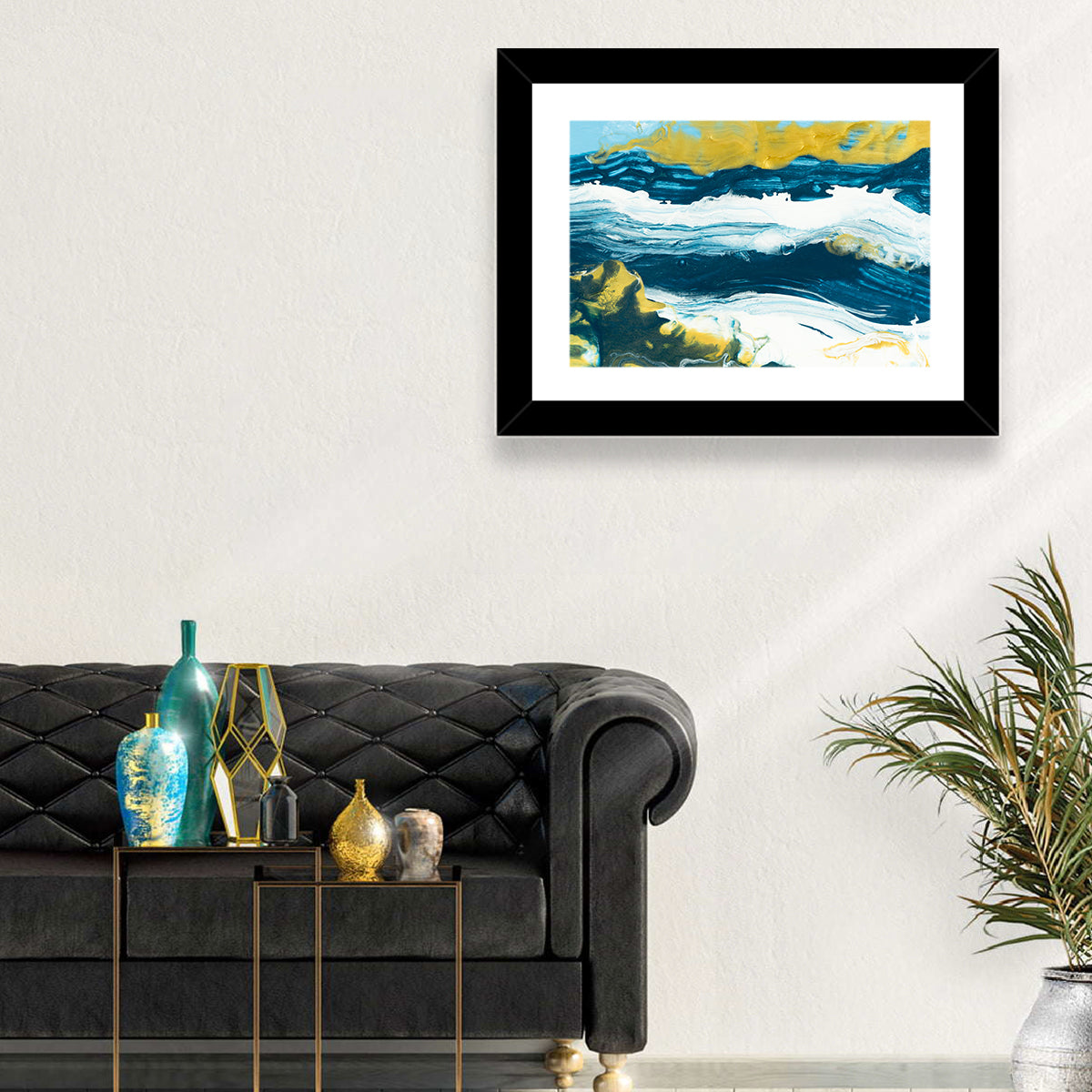 Flowing Streams with Gold Accents Wall Art in a room, landscape