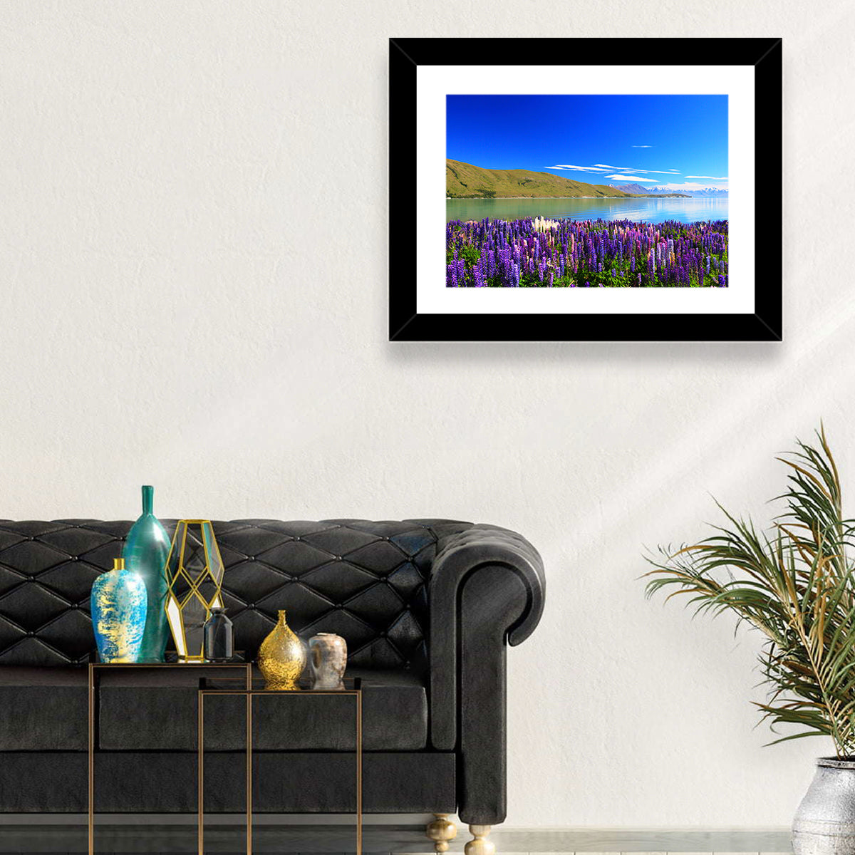 Lake Tekapo Lupine Fields Wall Art in a room, landscape
