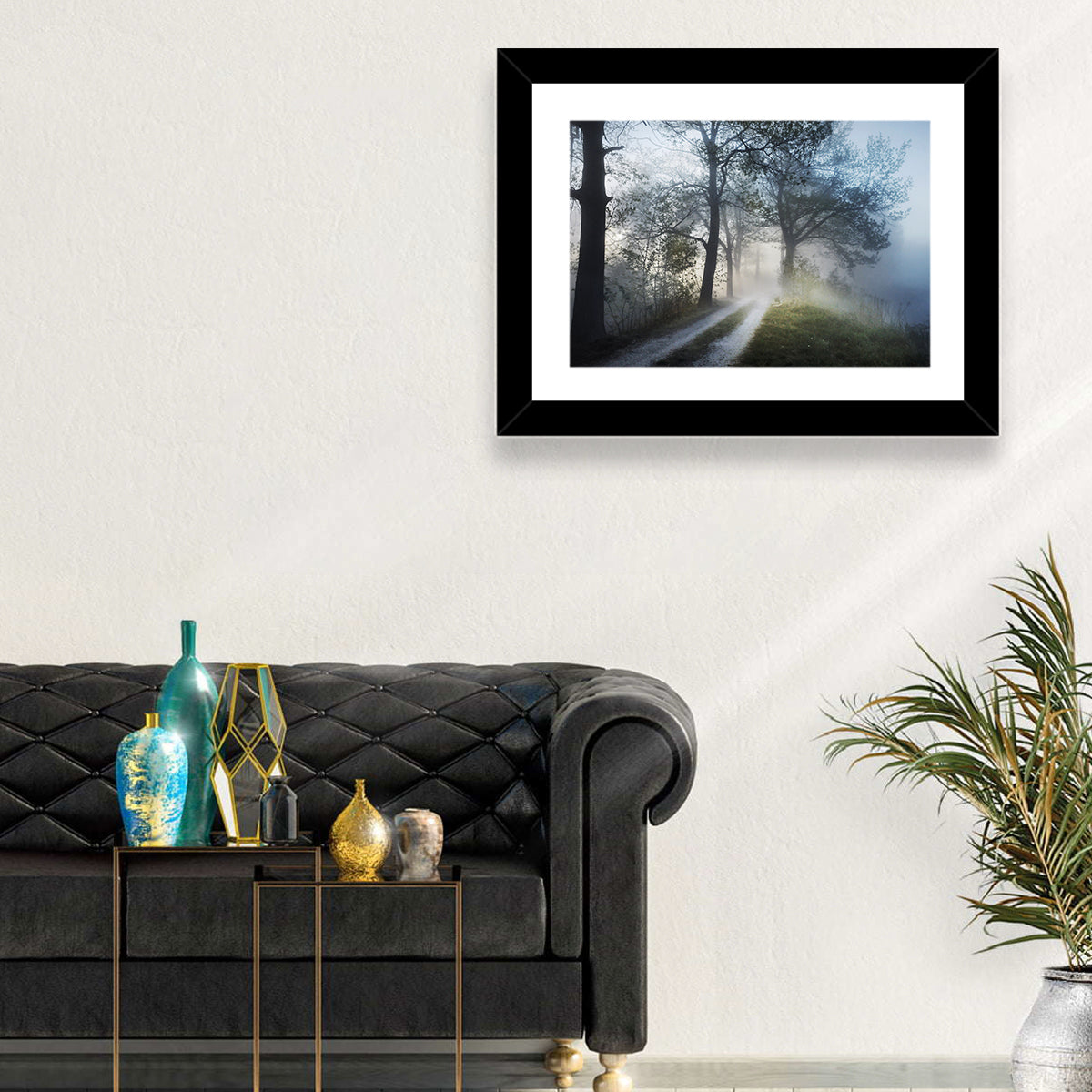 Foggy Forest Path Wall Art in a room, landscape