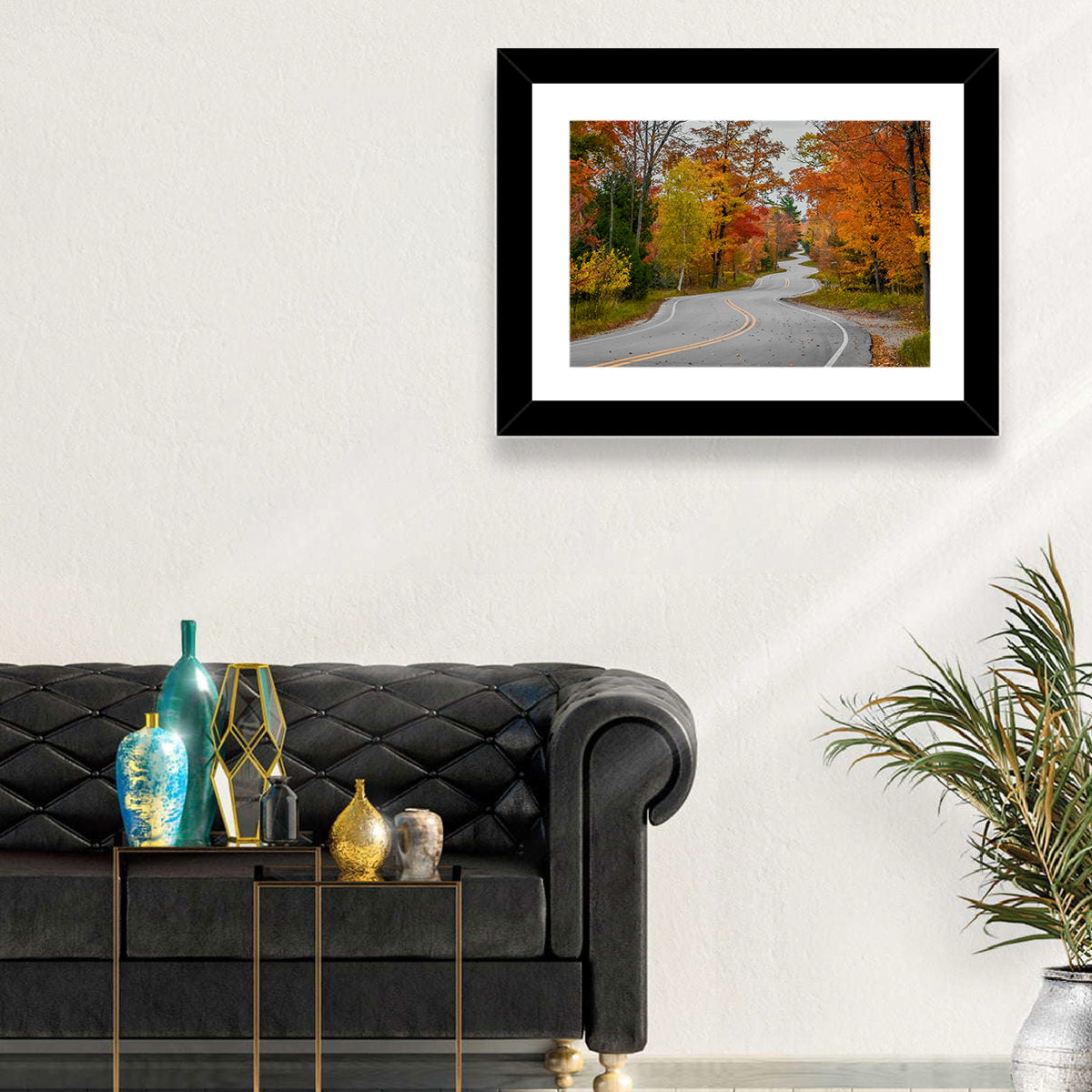 Winding Autumn Highway Wall Art in a room, landscape
