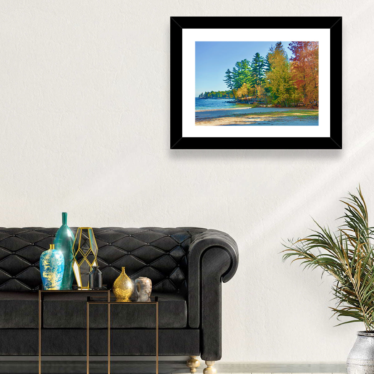Sebago Lake Pier in Autumn Wall Art in a room, landscape
