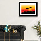 Airplane Over Sunset Skyline Wall Art
