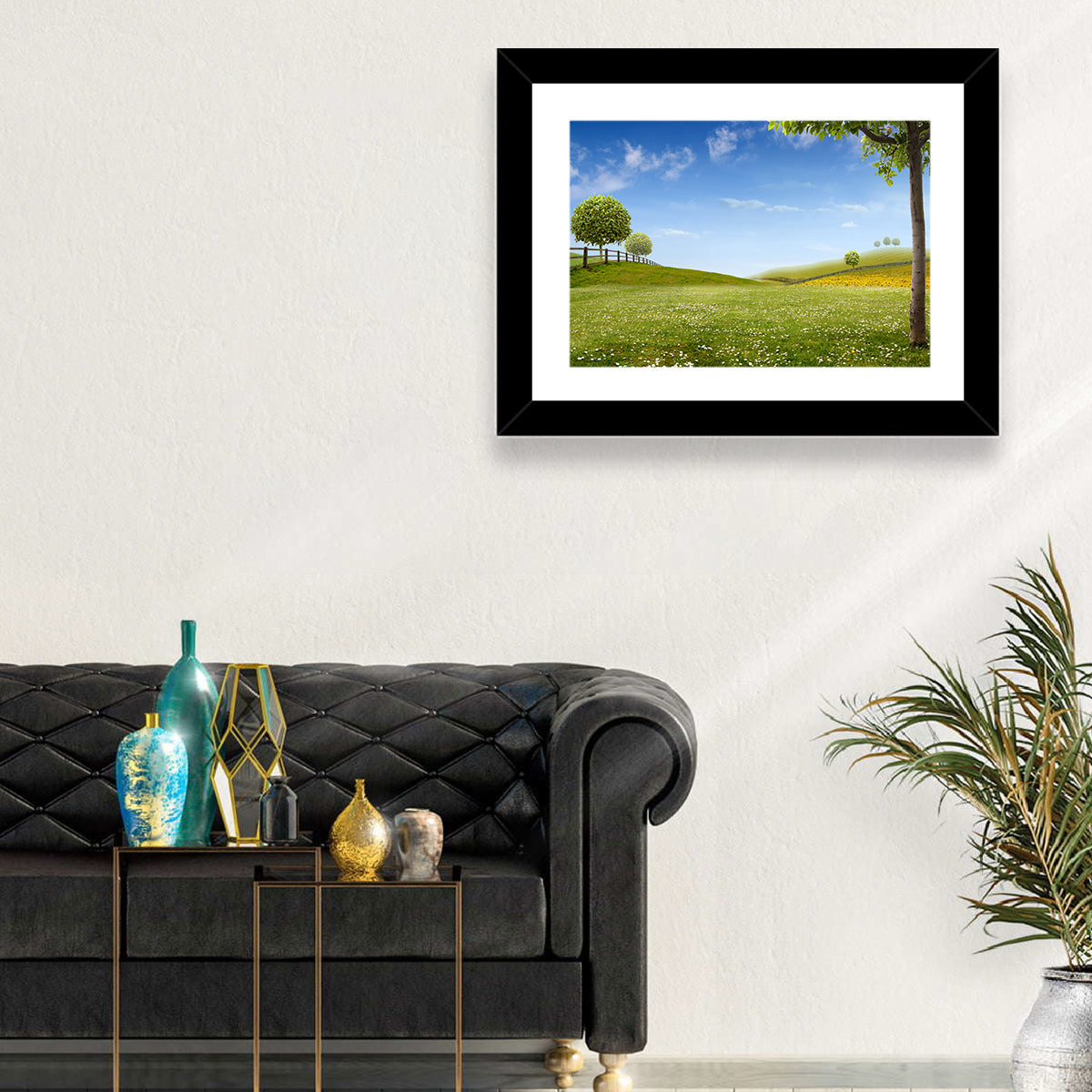 Green Sunflower Fields Wall Art in a room, landscape