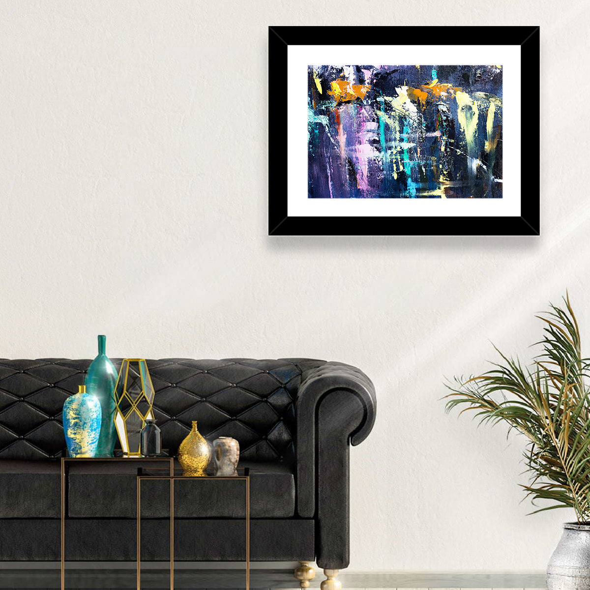 Impasto Waterfall in Blue and Purple Wall Art in a room, landscape