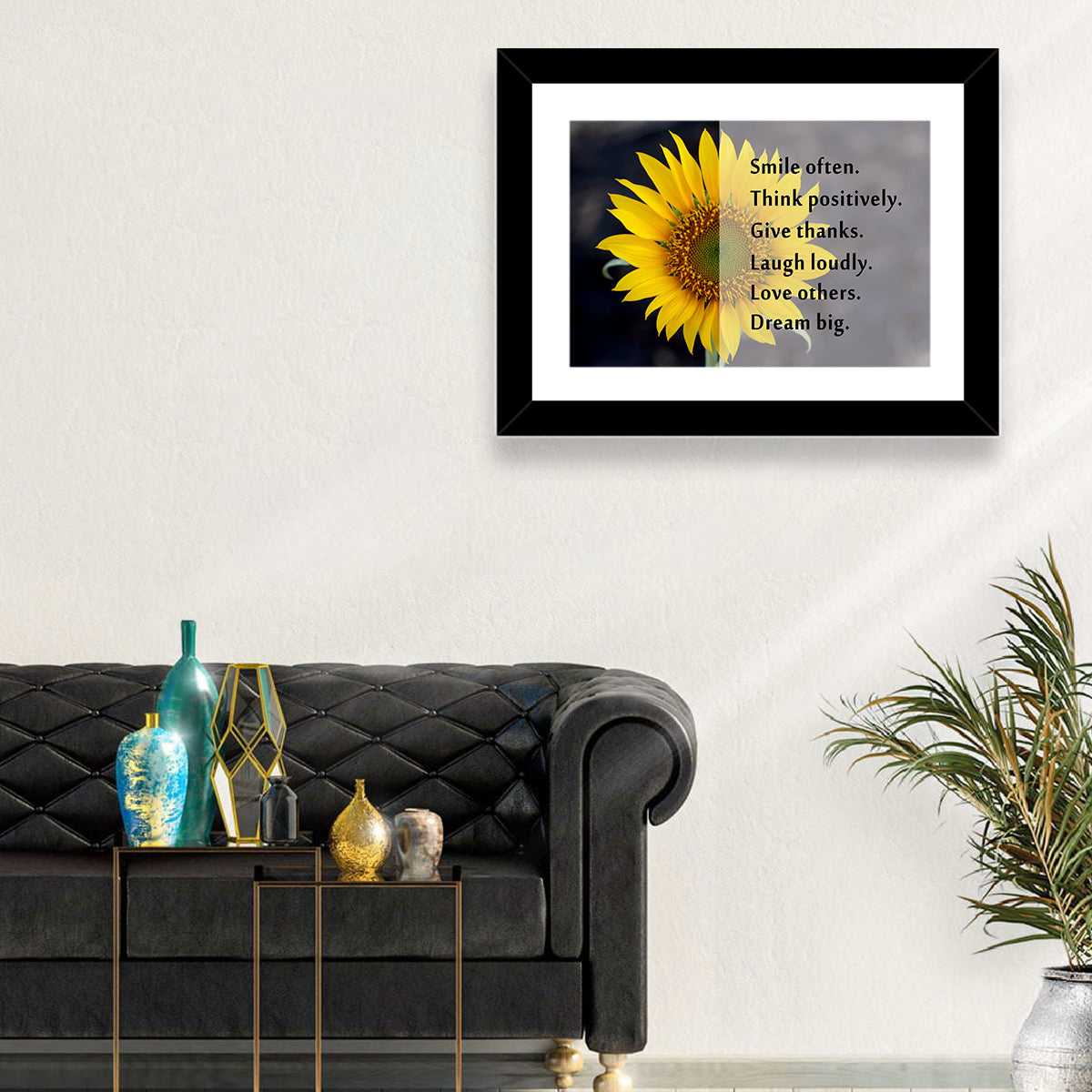 Sunflower Smile Typography Wall Art in a room, landscape