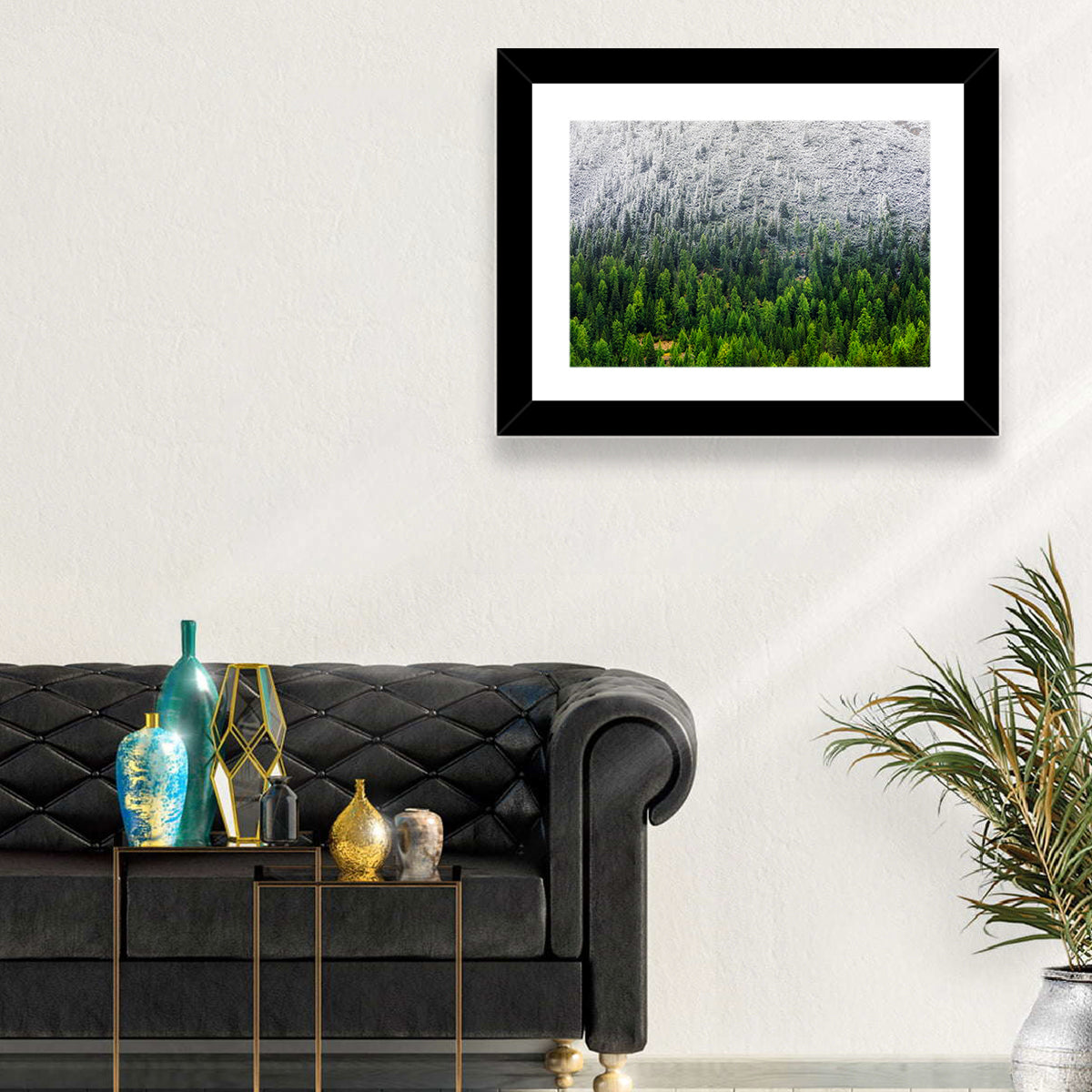 Snowy Dolomites Forest Wall Art in a room, landscape