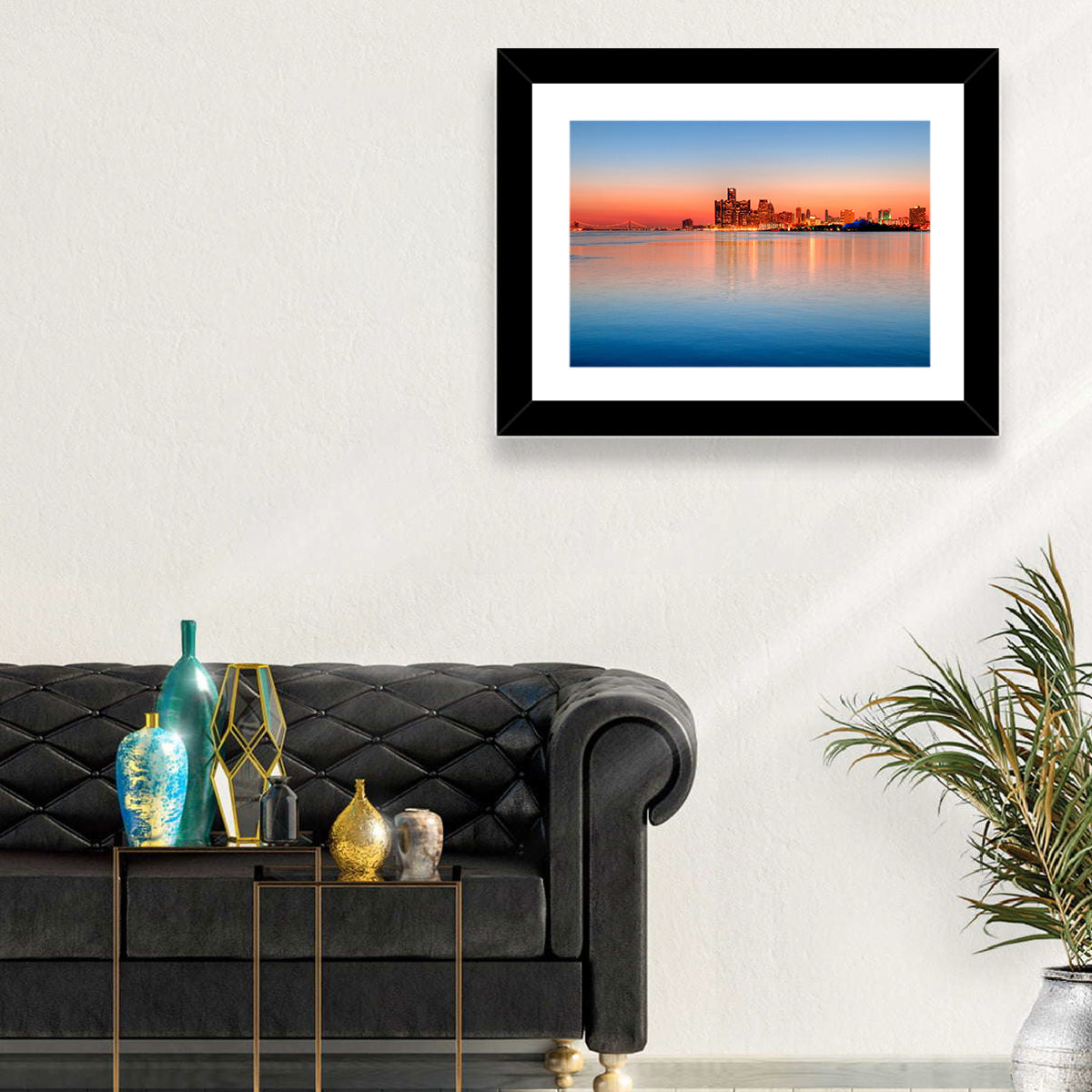 Detroit Golden Hour Skyline Wall Art in a room, landscape