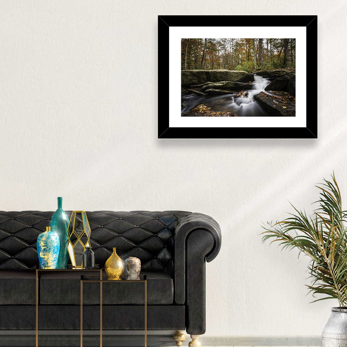 Cheaha Falls Autumn Waterfall Wall Art in a room, landscape