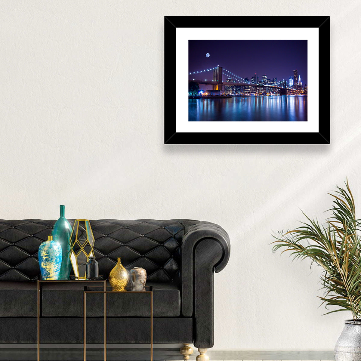 Brooklyn Bridge Moonlit Reflections Wall Art in a room, landscape