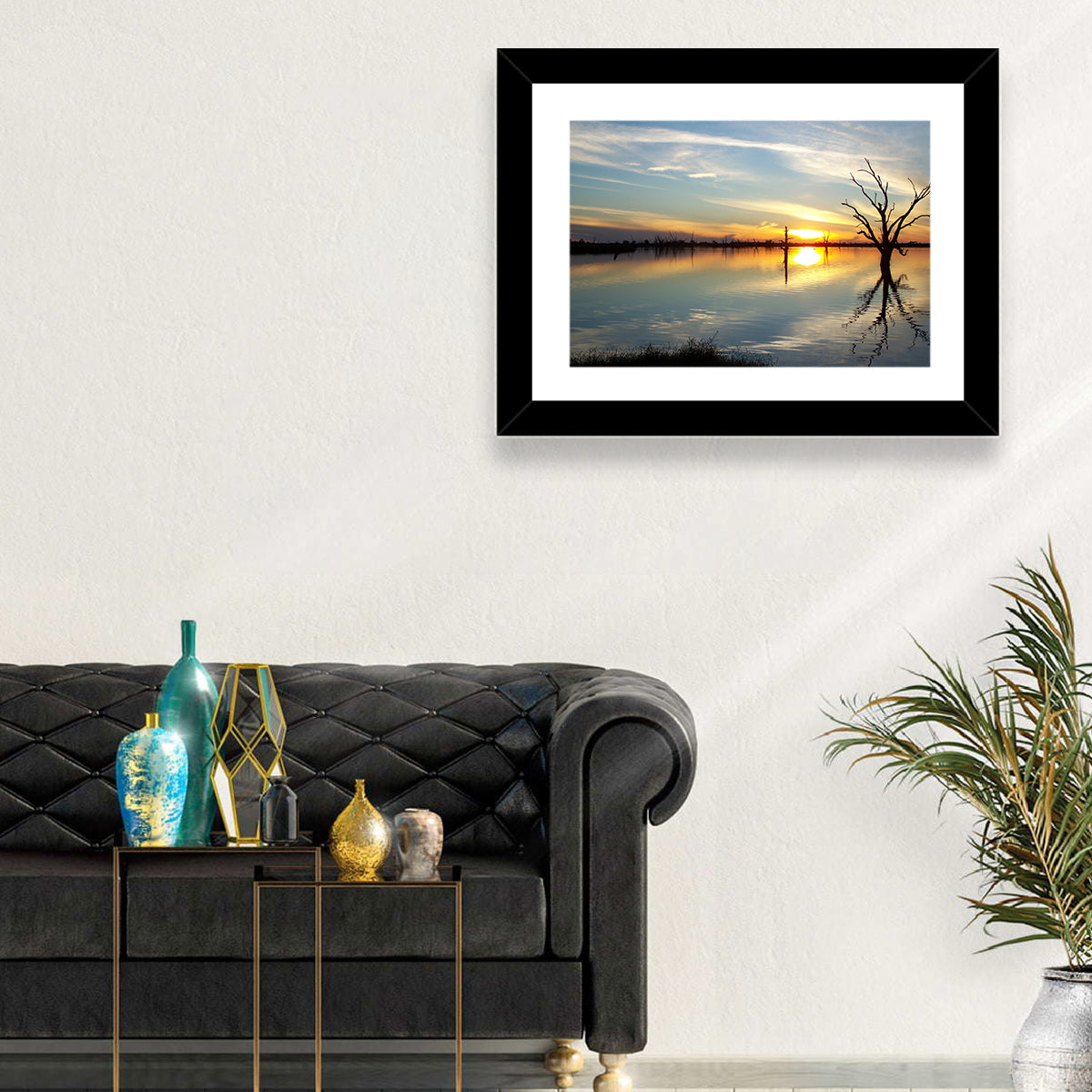 Murray River Sunset Reflection Wall Art in a room, landscape
