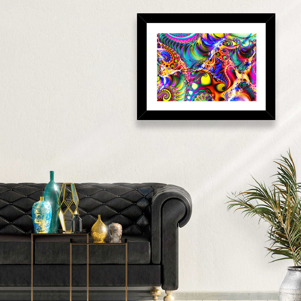 Chromatic Fractal Swirls Wall Art in a room, landscape