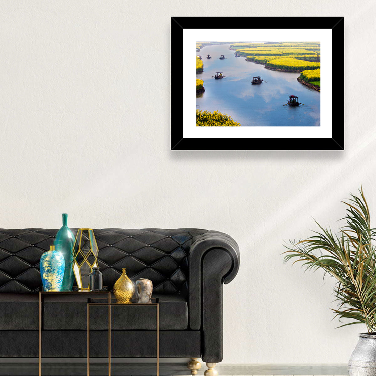 Spring River Rowboats in Rapeseed Fields Wall Art in a room, landscape