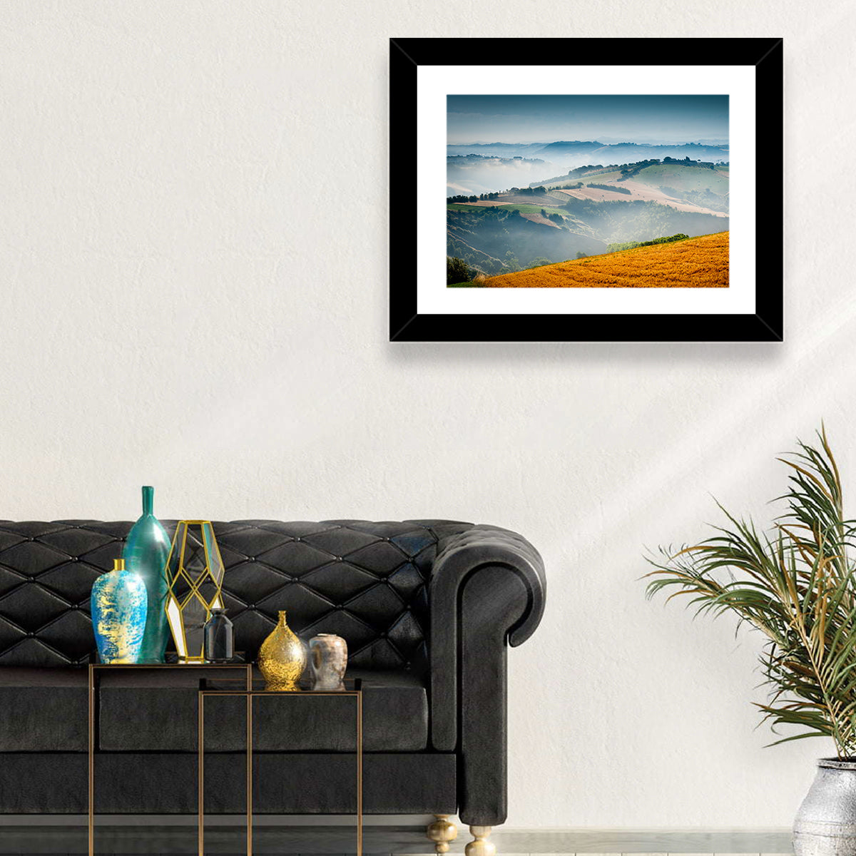 Morning Mist Over Tuscany Wall Art in a room, landscape