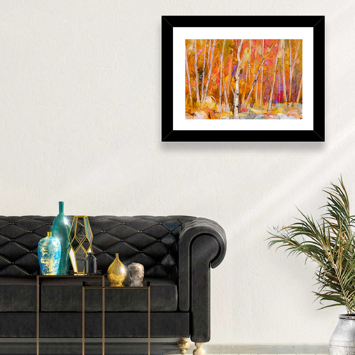 Autumn Birch Grove Painting Wall Art in a room, landscape