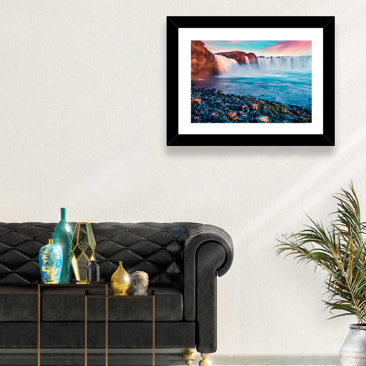 Goðafoss Waterfall at Sunset Wall Art in a room, landscape