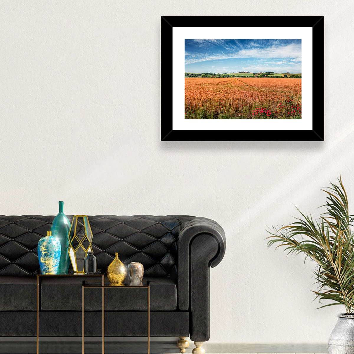 Golden Wheat Field with Poppies Wall Art in a room, landscape