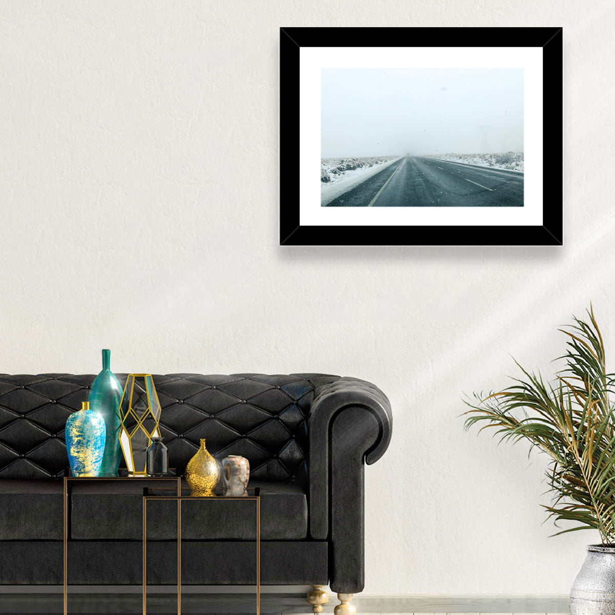 Foggy Winter Mountain Road Wall Art in a room, landscape