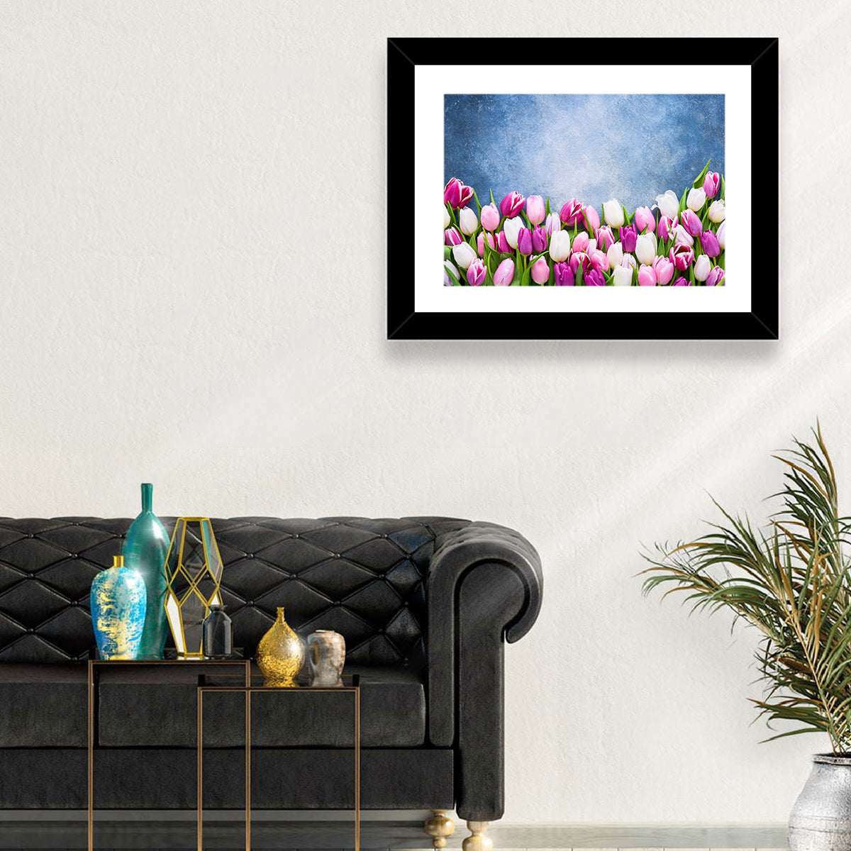 Tulips on Textured Blue Wall Art in a room, landscape