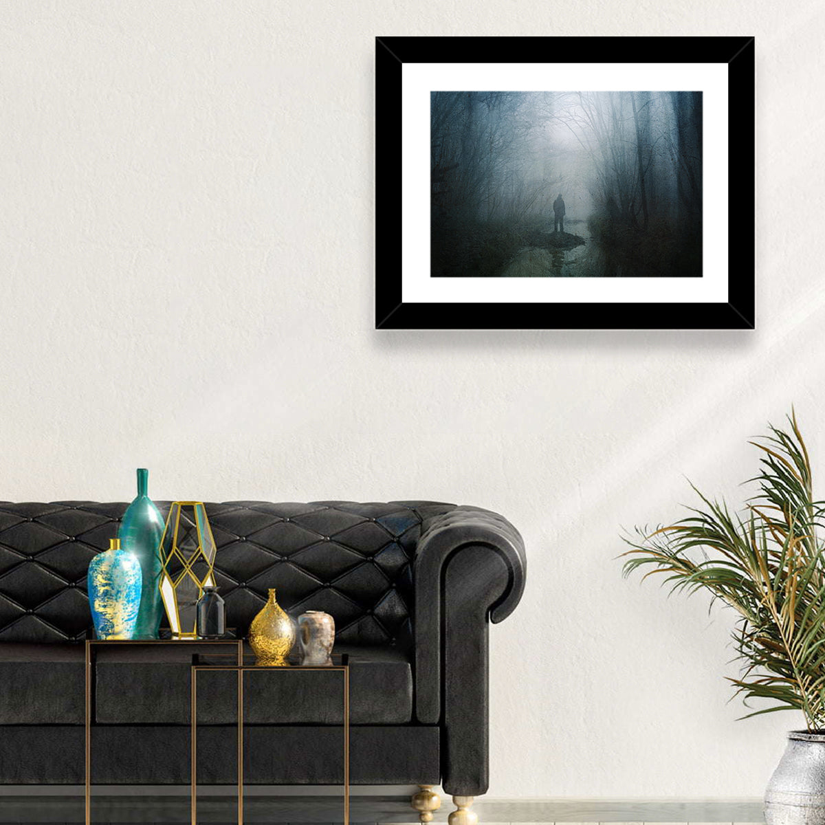 Foggy Forest Pathway Wall Art in a room, landscape