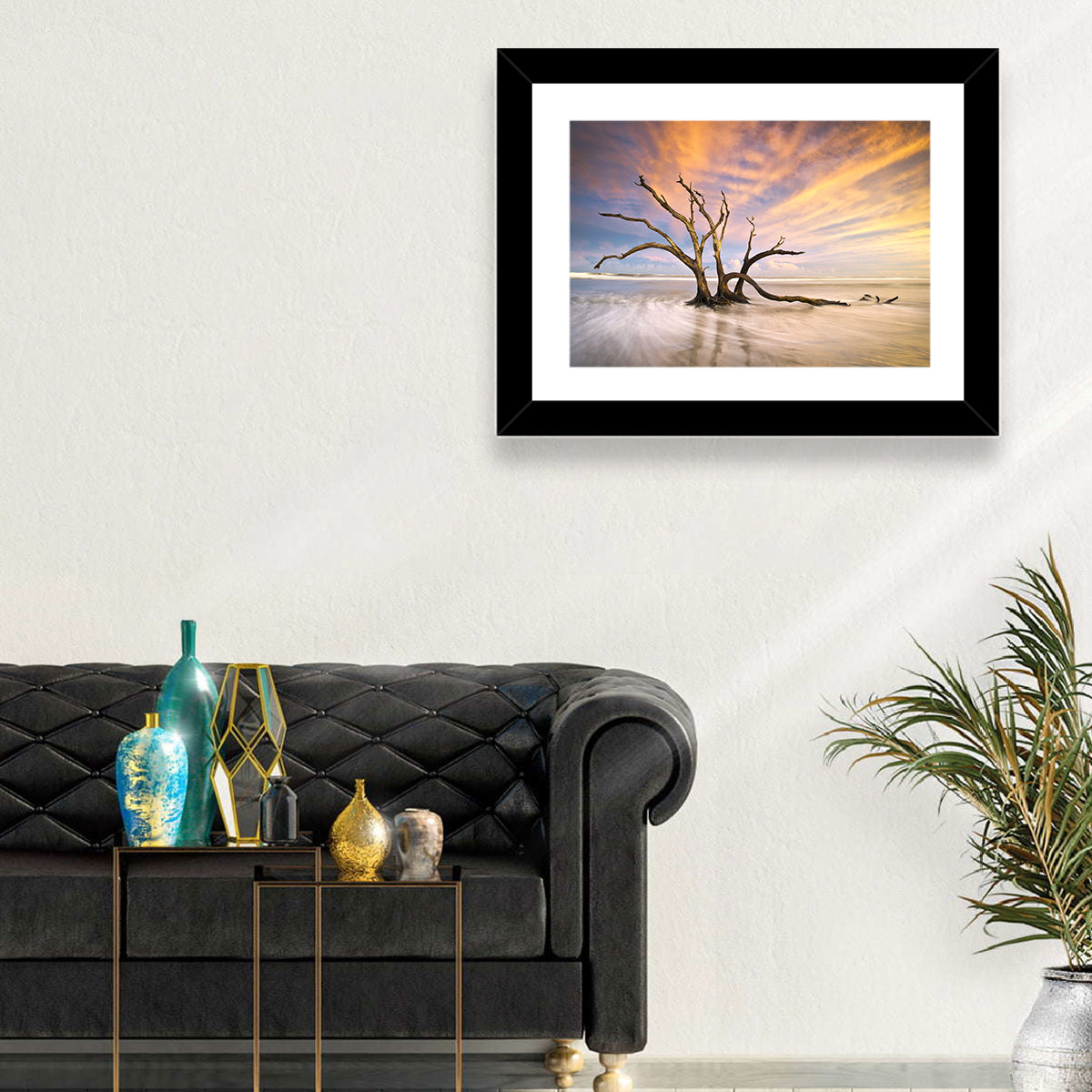 Folly Beach Driftwood Sunset Wall Art in a room, landscape