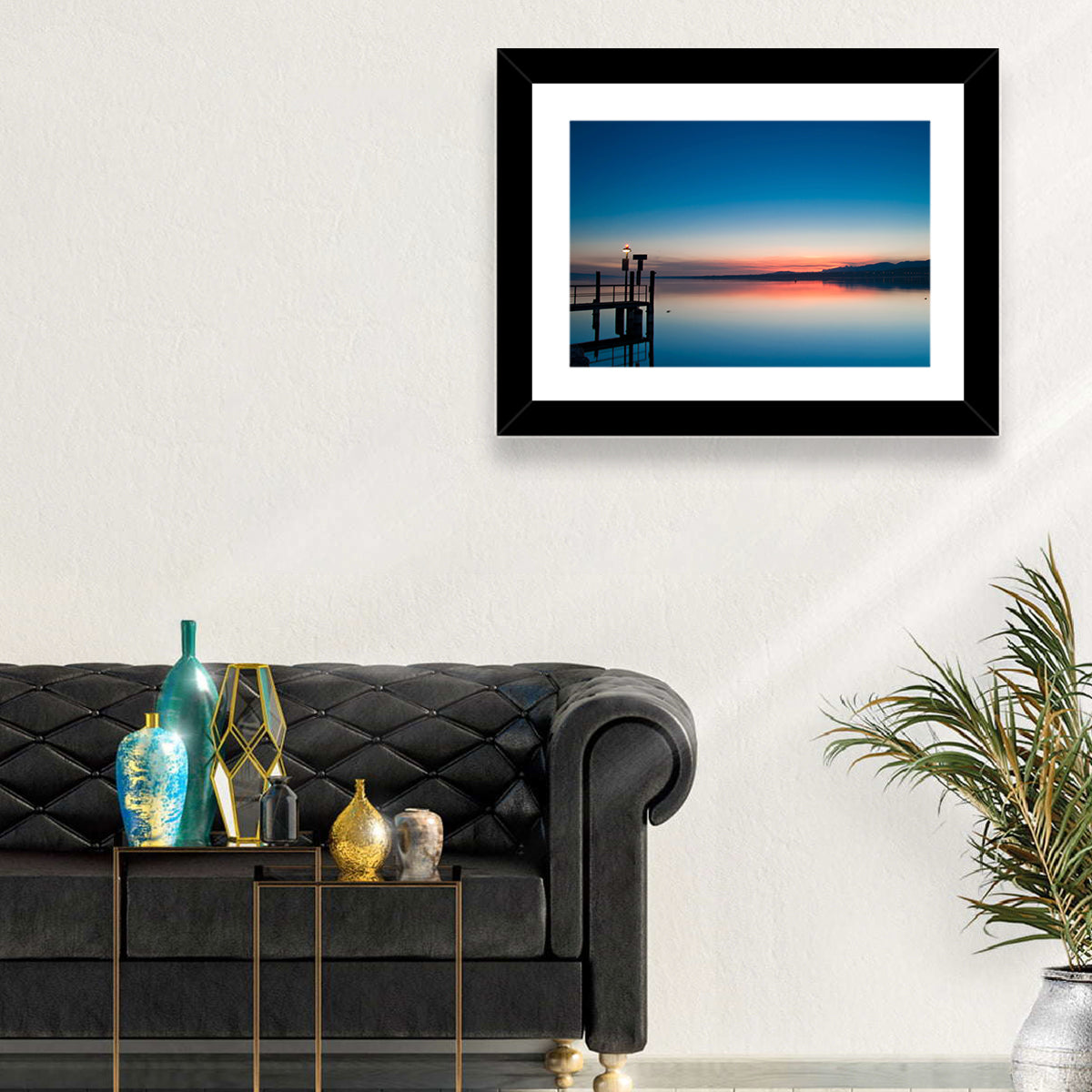 Lake Geneva Sunrise Pier Wall Art in a room, landscape