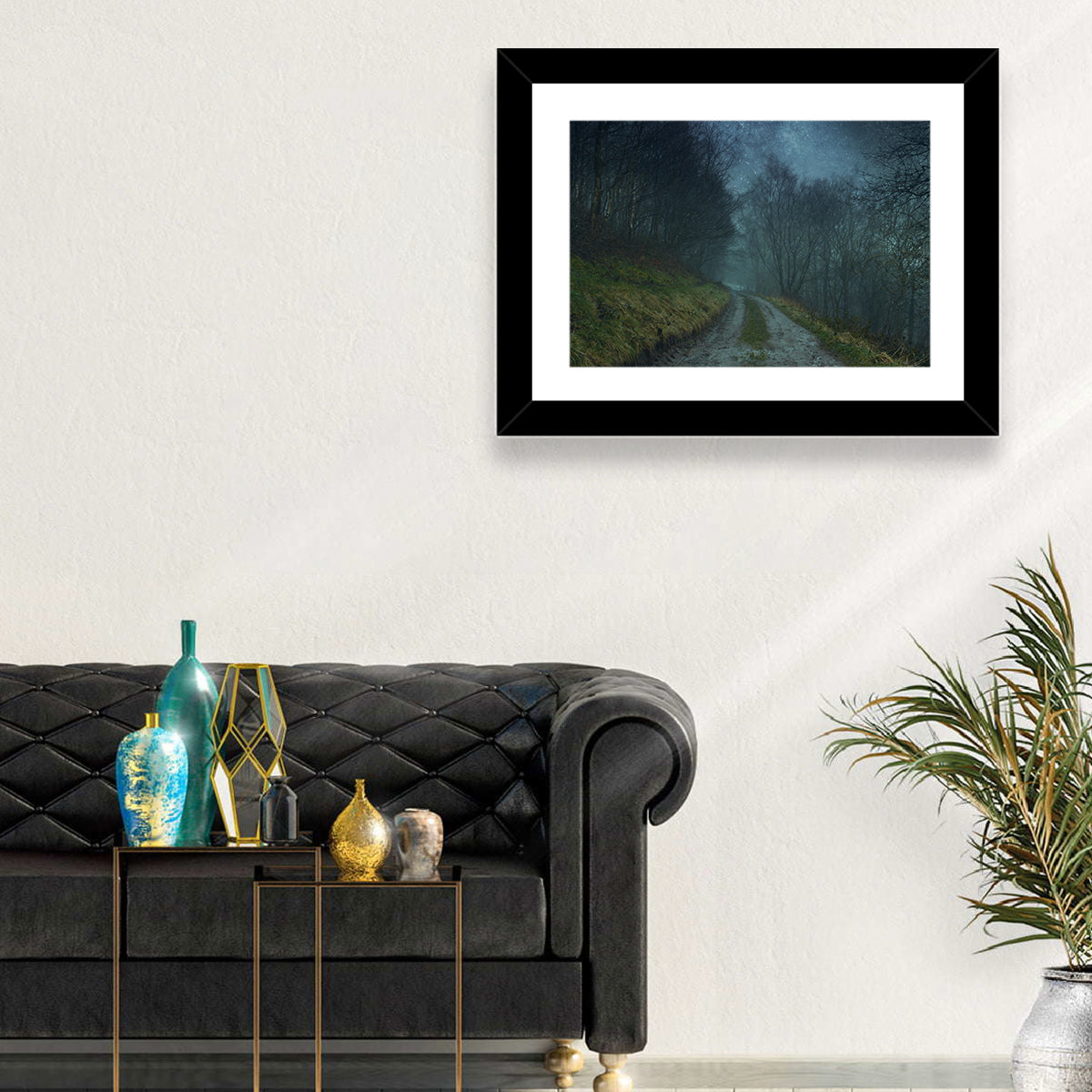 Misty Forest Pathway Wall Art in a room, landscape
