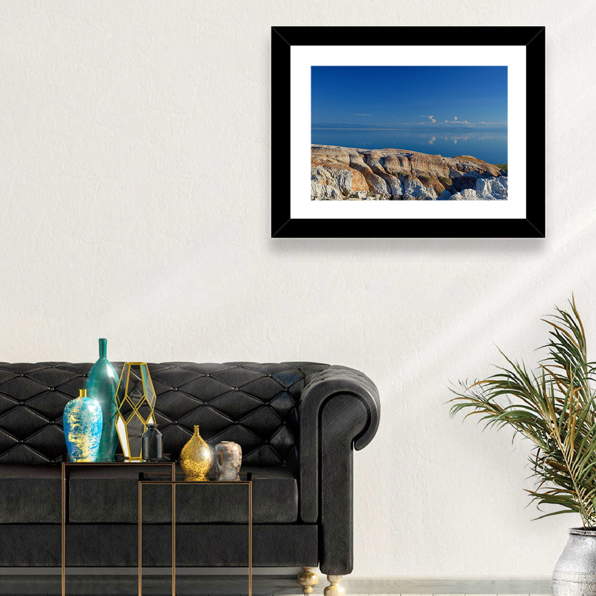 Shekelmes Tract Cliff Over Lake Wall Art in a room, landscape