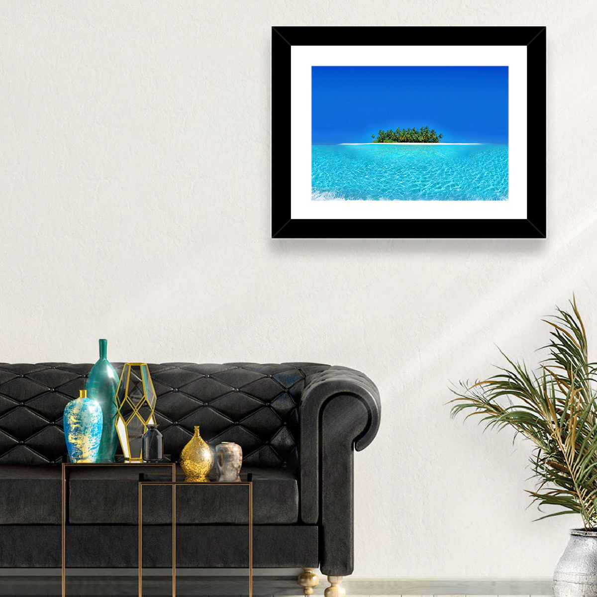 Turquoise Atoll Sandbar with Palm Trees Wall Art in a room, landscape