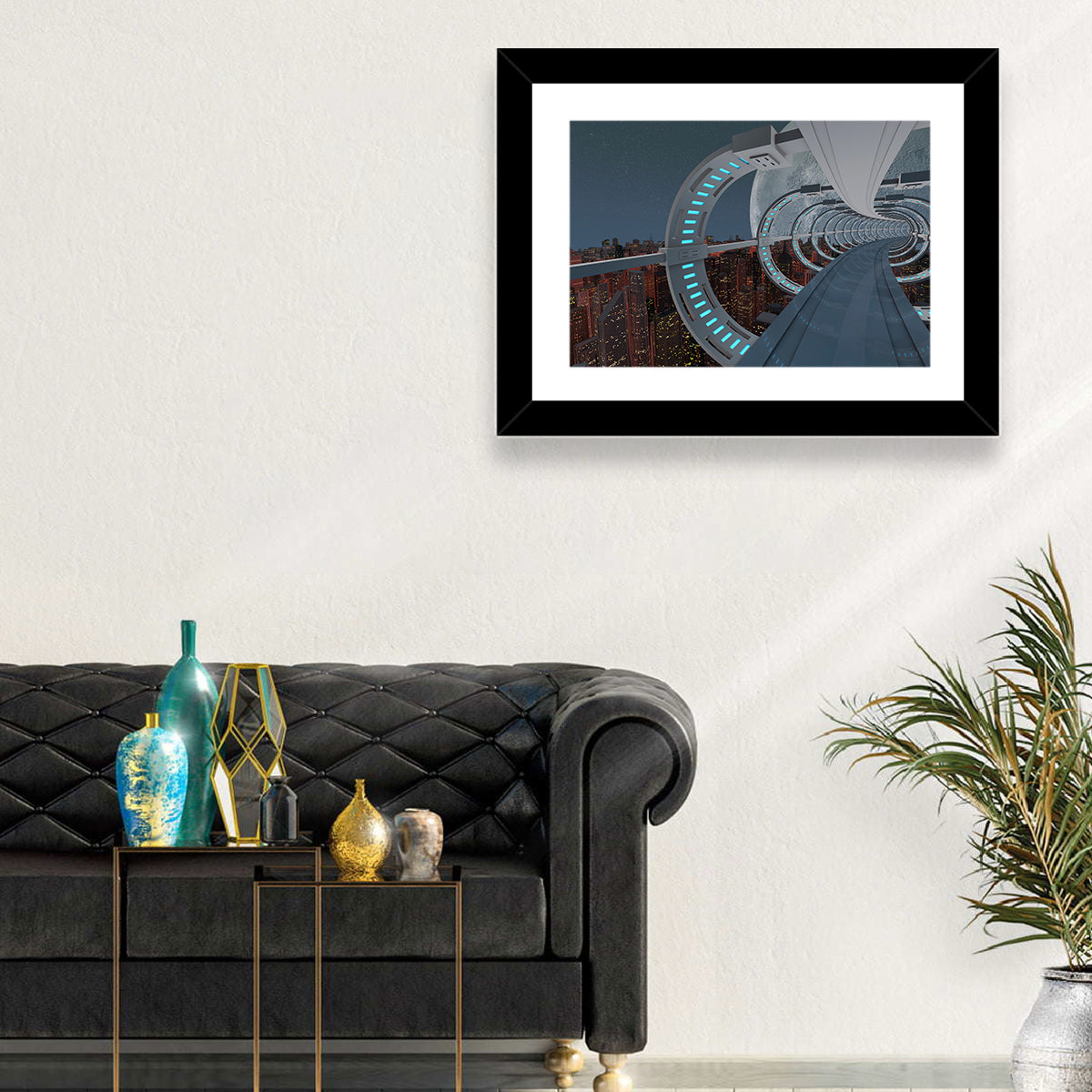 Futuristic City Tunnel with Moon Wall Art