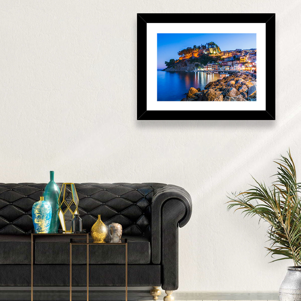 Parga Harbor at Dusk Wall Art in a room, landscape