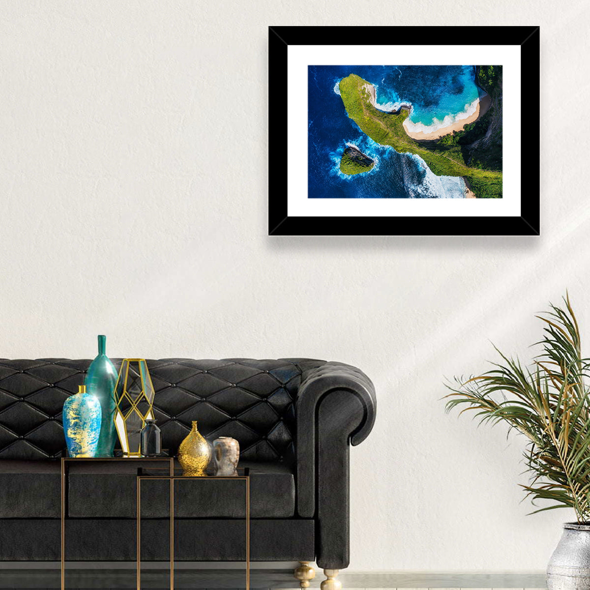 Kelingking Beach Cliffs Wall Art in a room, landscape