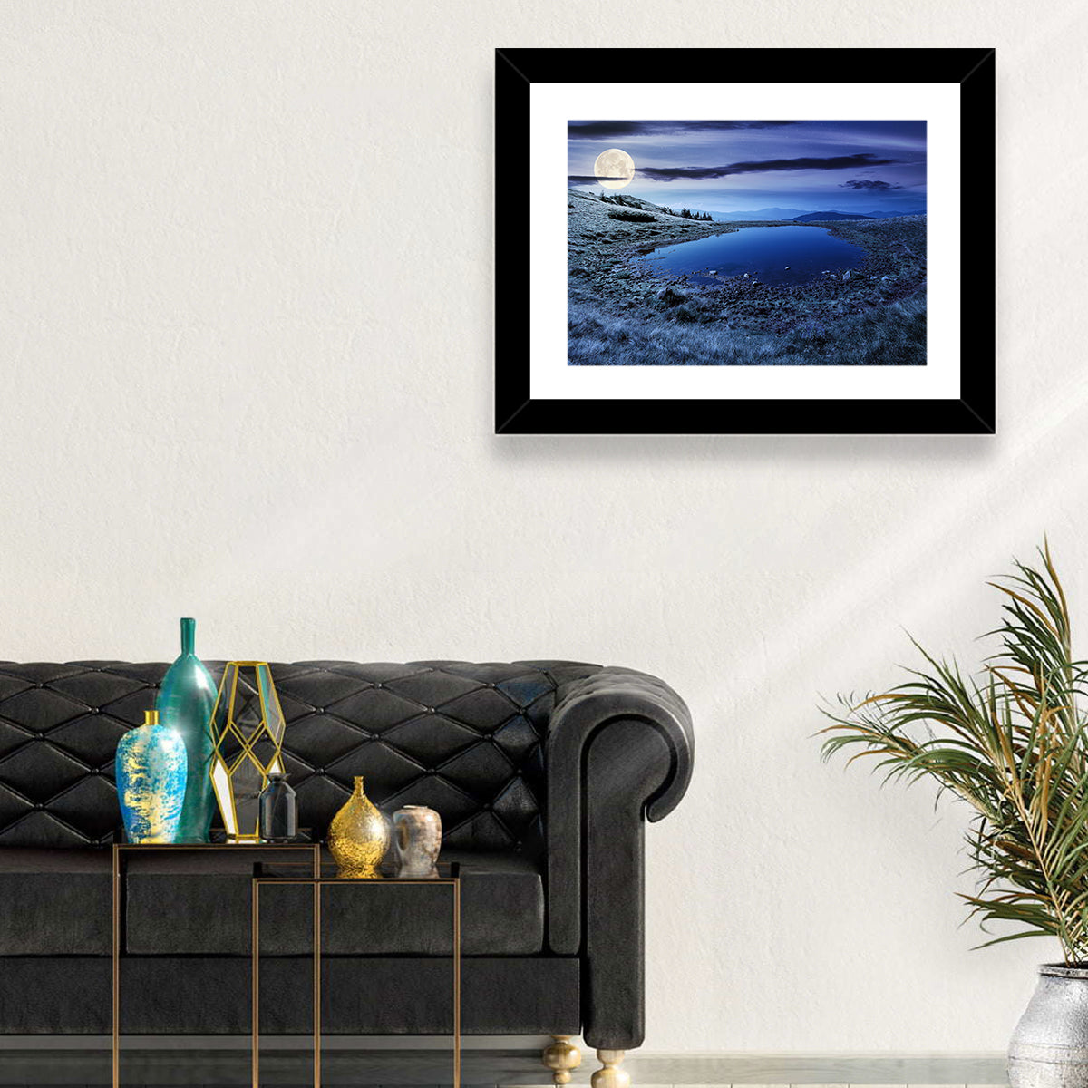 Mountain Lake at Night Wall Art in a room, landscape